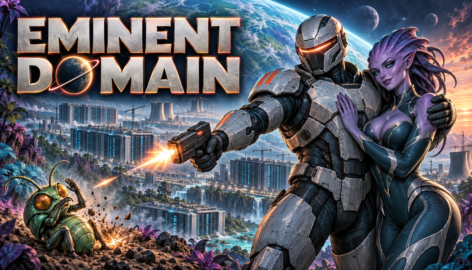 Eminent Domain artwork: an armored soldier and an alien beneath a blue planet, overlooking a sprawling industrial colony.