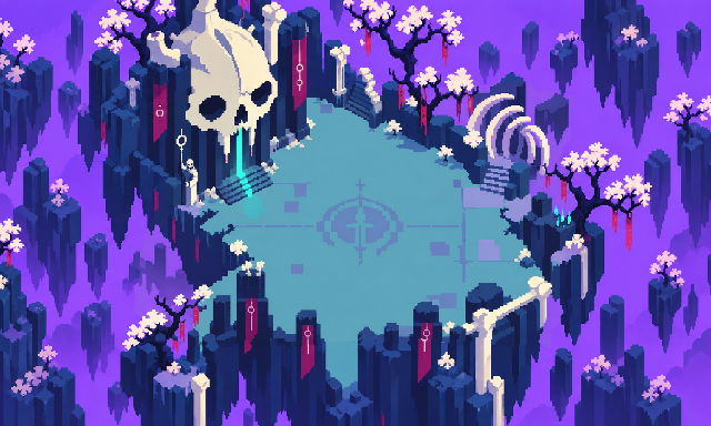 Necroman’s first chamber: an ivory skull, bone arches and flowering trees above a violet abyss.