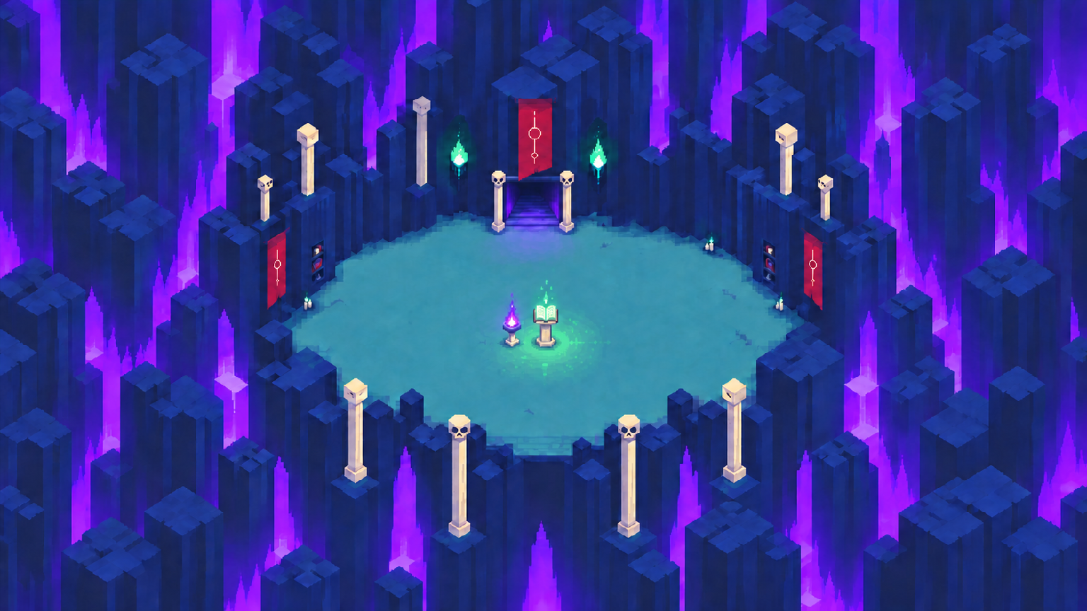Necroman’s lair: a glowing grimoire and dungeon stairs surrounded by skull pillars and violet chasms.