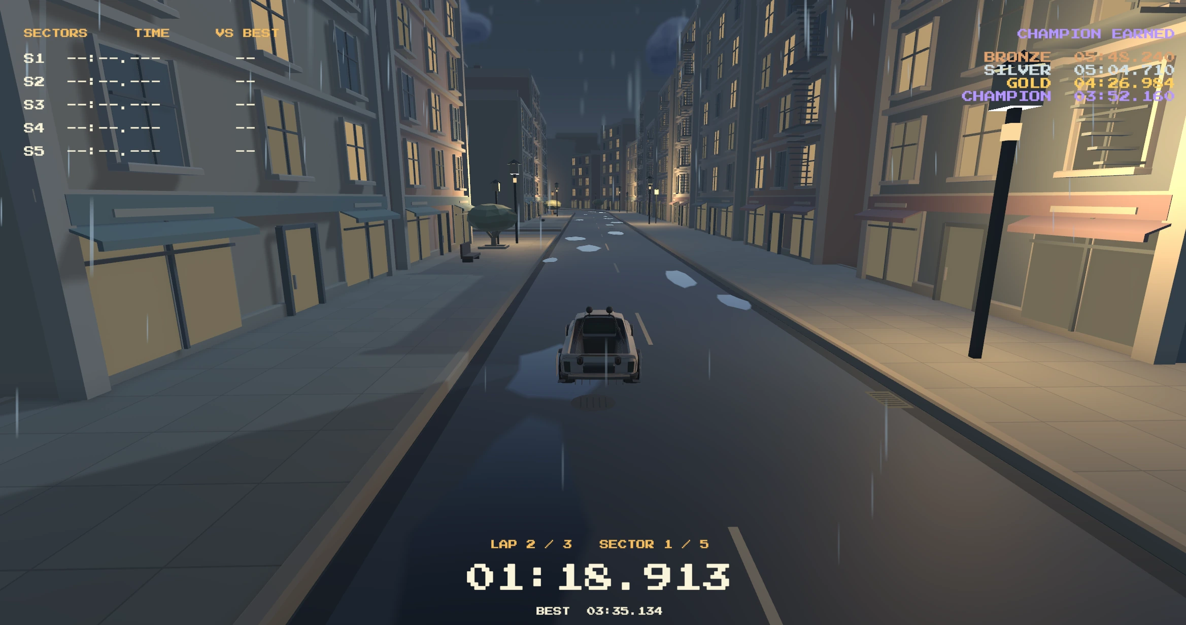 Rally Beat: racing through rain-soaked city streets at night.