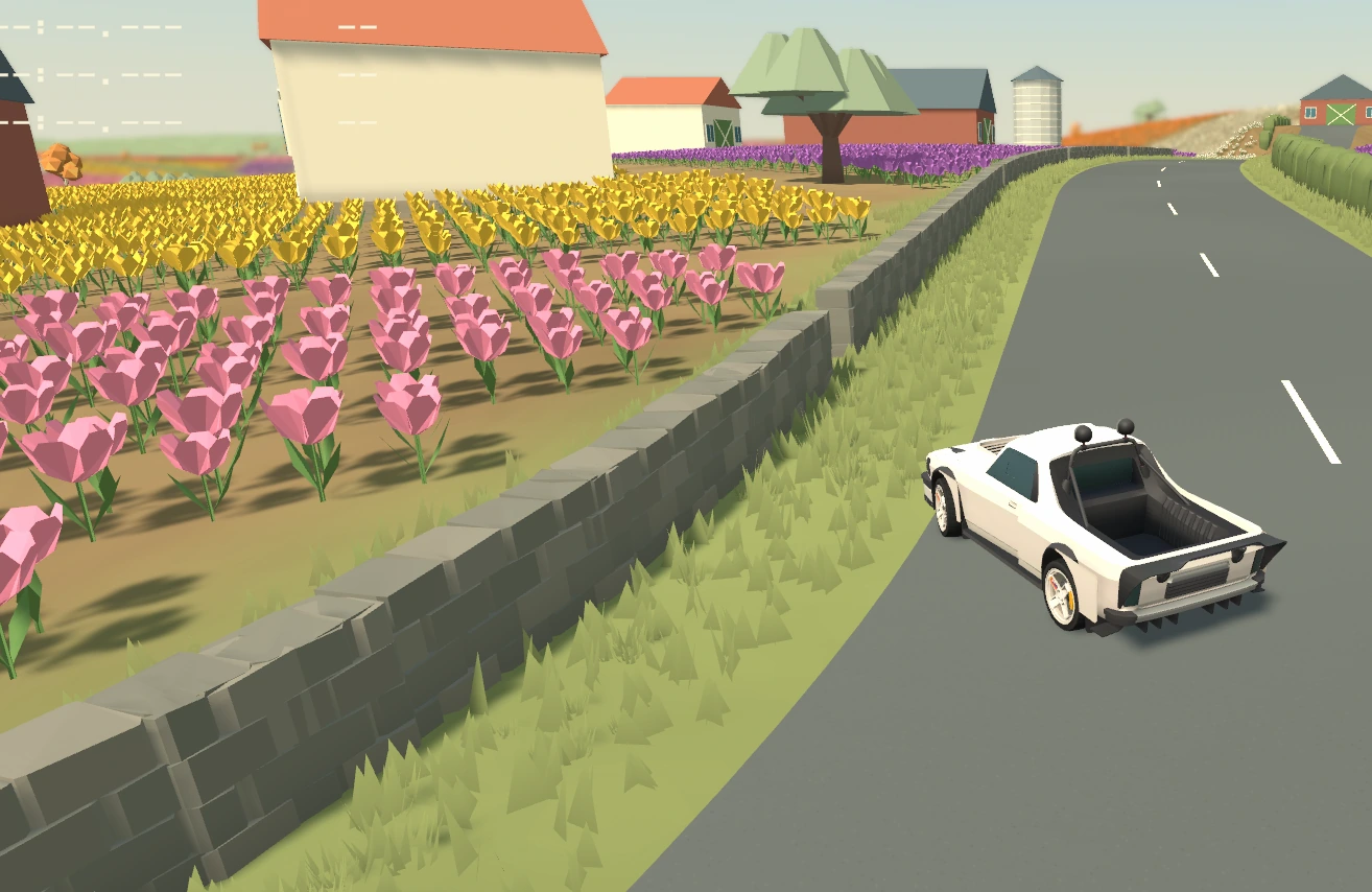 Rally Beat: a white rally car beside colorful flower fields.